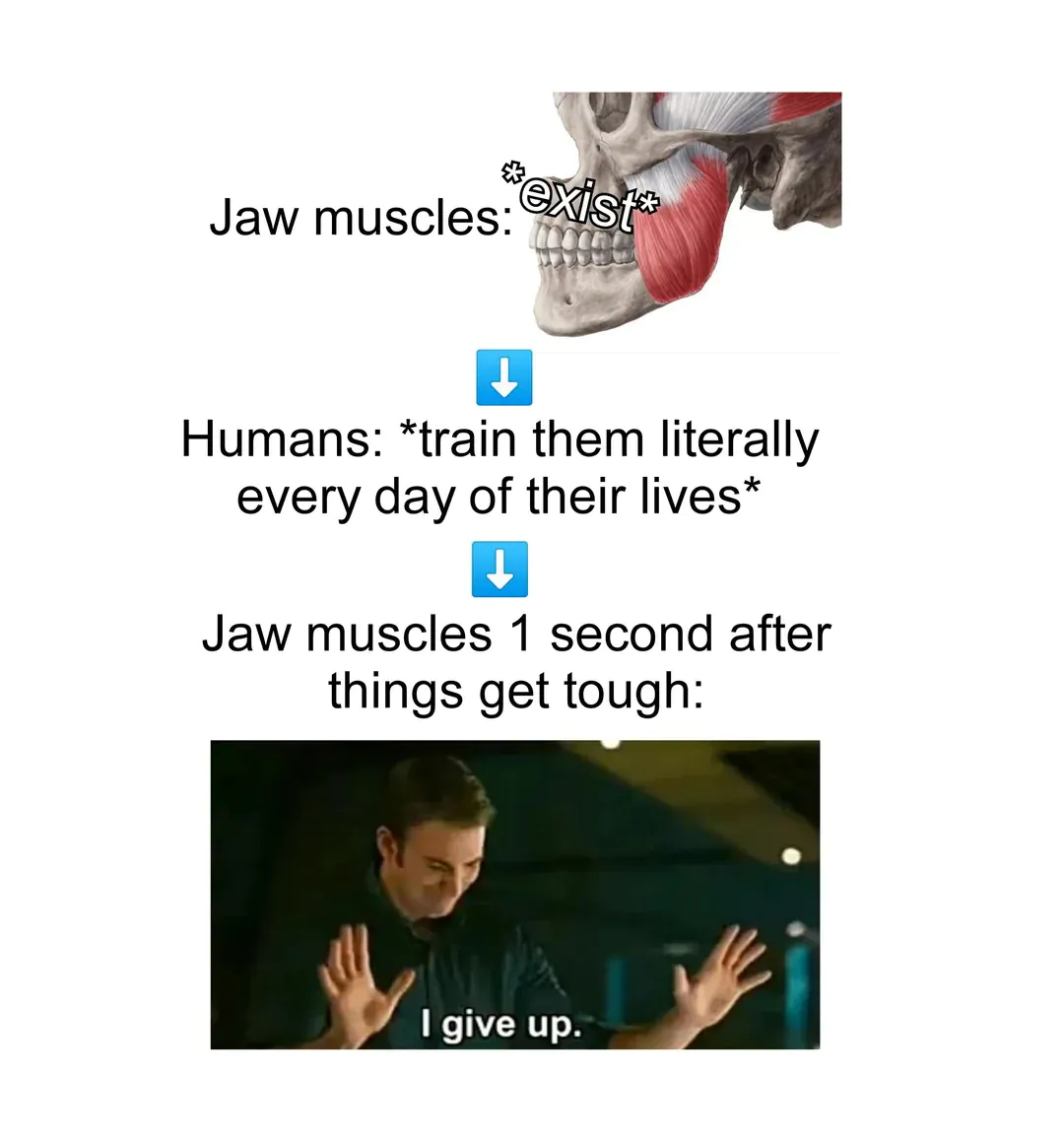 Jaw muscles: exist* / Humans: *train them literally every day of their lives* / Jaw muscles 1 second after things get tough: I give up.