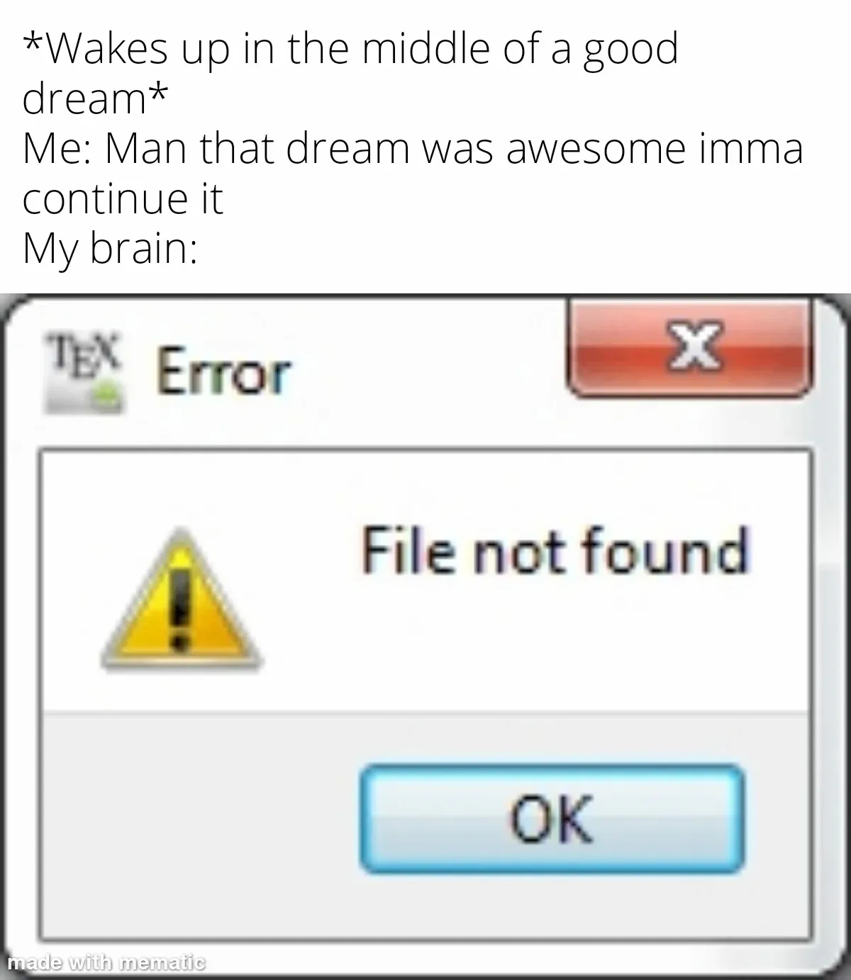 *Wakes up in the middle of a good dream* / Me: Man that dream was awesome imma continue it / My brain: Error File not found