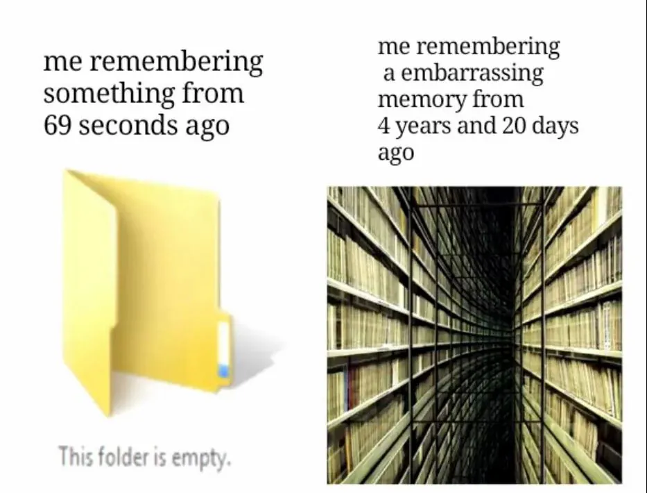 me remembering something from 69 seconds ago: This folder is empty. / me remembering a embarrassing memory from 4 years and 20 days ago