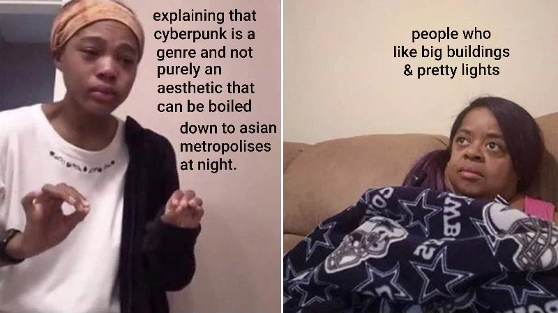 Me Explaining to My Mom: Cyberpunk Genre vs Big Buildings Pretty Lights Meme