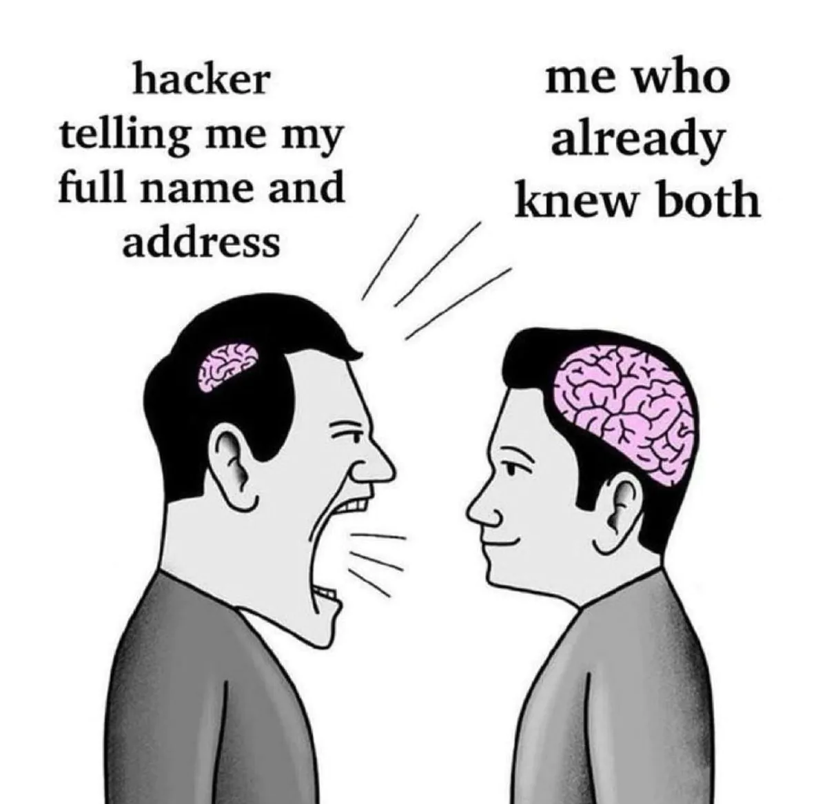 Small Brain Yelling at Big Brain Meme: hacker telling me my full name and address