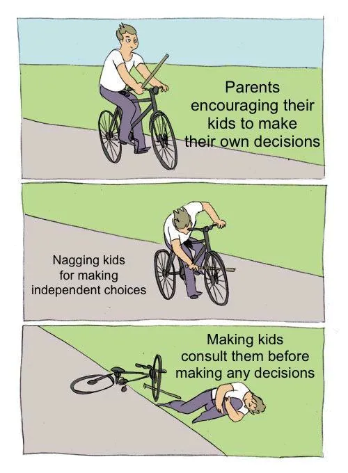 Bike Fall Meme: Parents encouraging their kids to make their own decisions