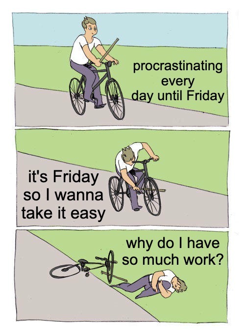 Bike Fall Meme: procrastinating every day until Friday