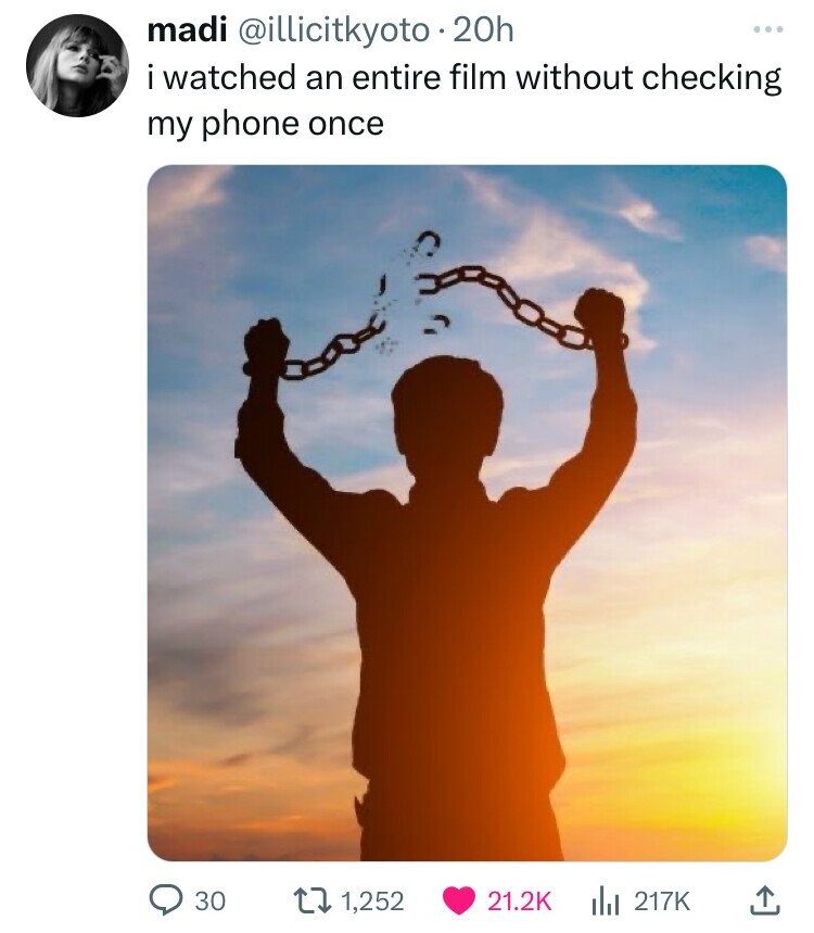 Man Breaking Chains Meme: i watched an entire film without checking my phone once