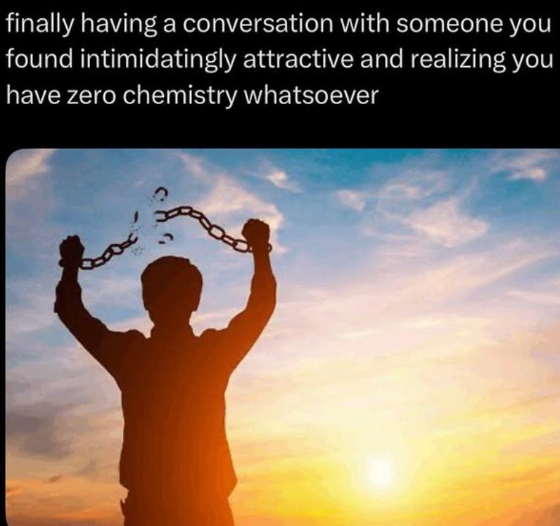 Man Breaking Chains Meme: finally having a conversation with someone you found intimidatingly attractive and realizing you have zero chemistry whatsoever