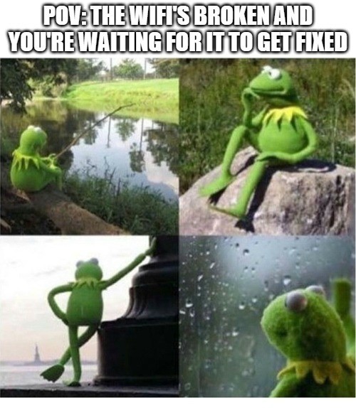 Kermit Waiting Meme: The wifis broken and  youre waiting for it to get fixed