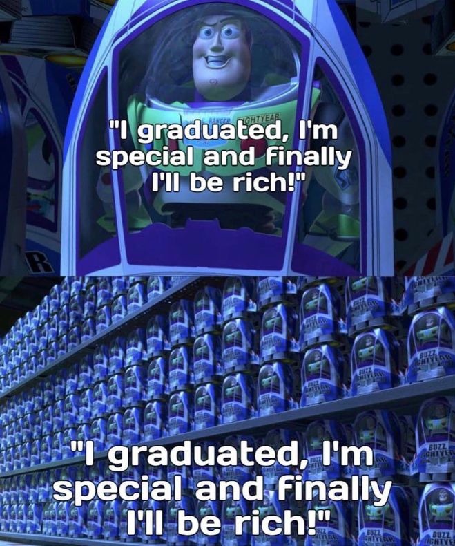 Buzz Lightyear Clone Meme: "I graduated, I'm special and finally I'll be rich!"
