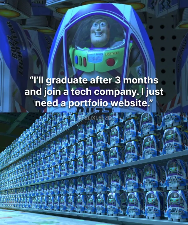 Buzz Lightyear Clone Meme: "I'll graduate after 3 months and join a tech company. I just need a portfolio website."