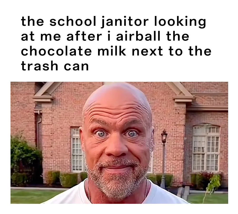 Bald Guy Staring Meme: the school janitor looking at me after i airball the chocolate milk next to the trash can