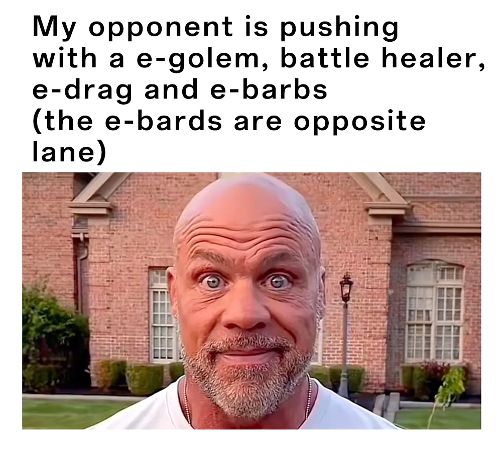 Bald Guy Staring Meme: My opponent is pushing with a e-golem