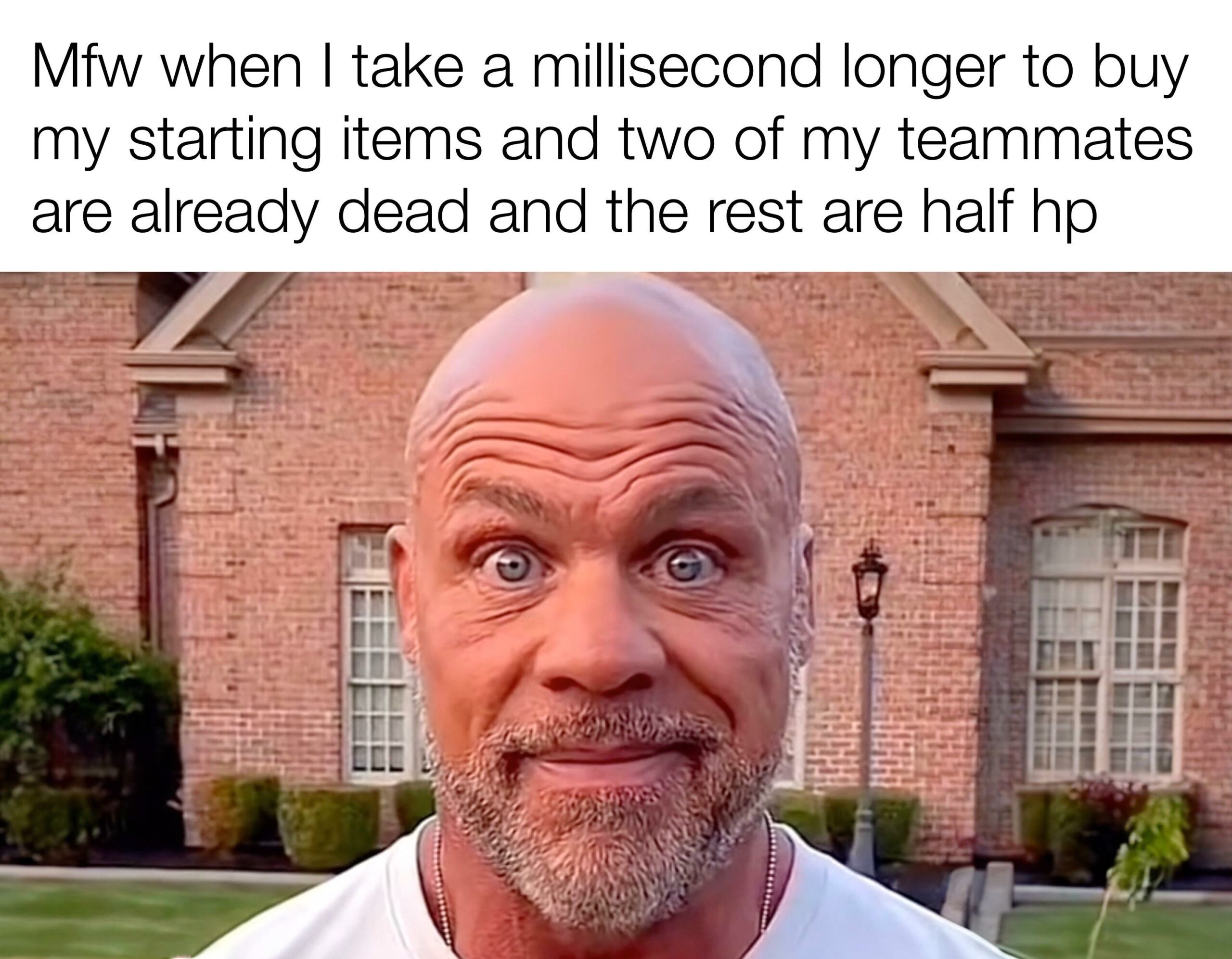 Bald Guy Staring Meme: Mfw when I take a millisecond longer to buy my starting items