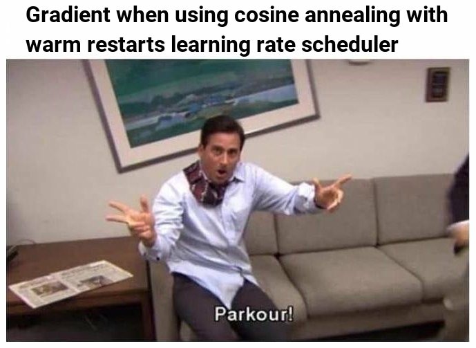 Parkour! Meme: Gradient when using cosine annealing with warm restarts learning rate scheduler