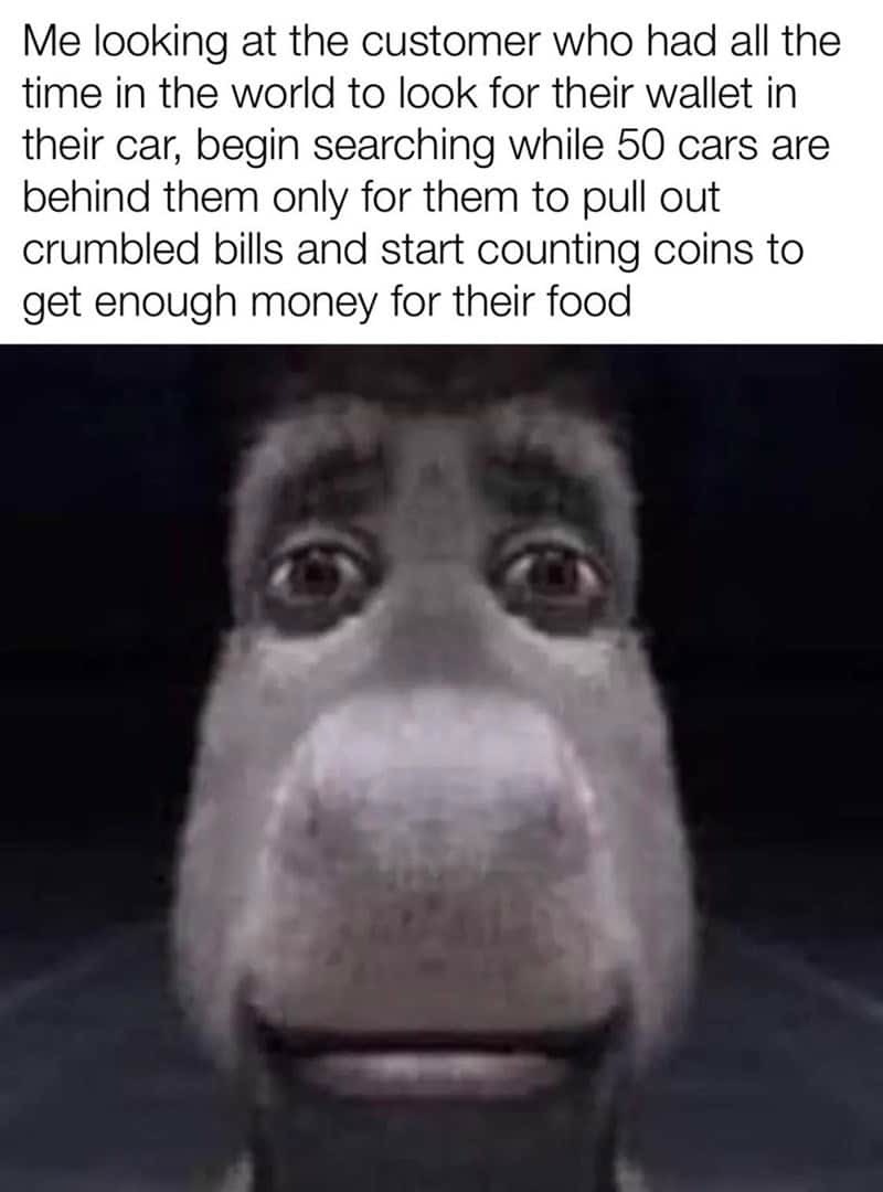 Donkey Staring Meme: Me looking at the customer who had all the time