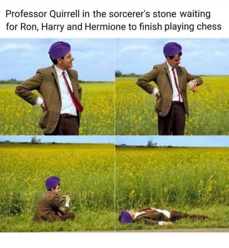 Mr. Bean Waiting: Professor Quirrell Waiting For Chess Game Meme (Harry Potter)