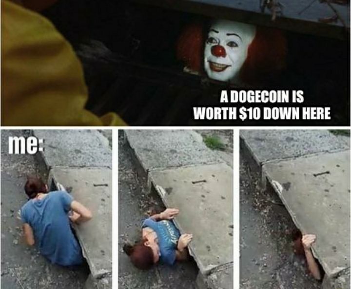 Pennywise in the sewer meme crawling for  dogecoin