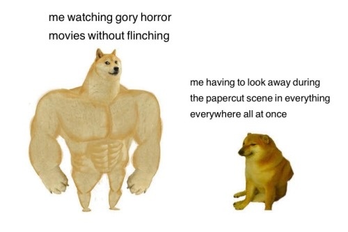 Me watching horror vs me reacting to papercut meme contrast