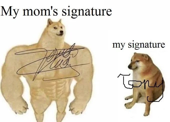 Buff Doge vs Cheems meme about different styles of signatures