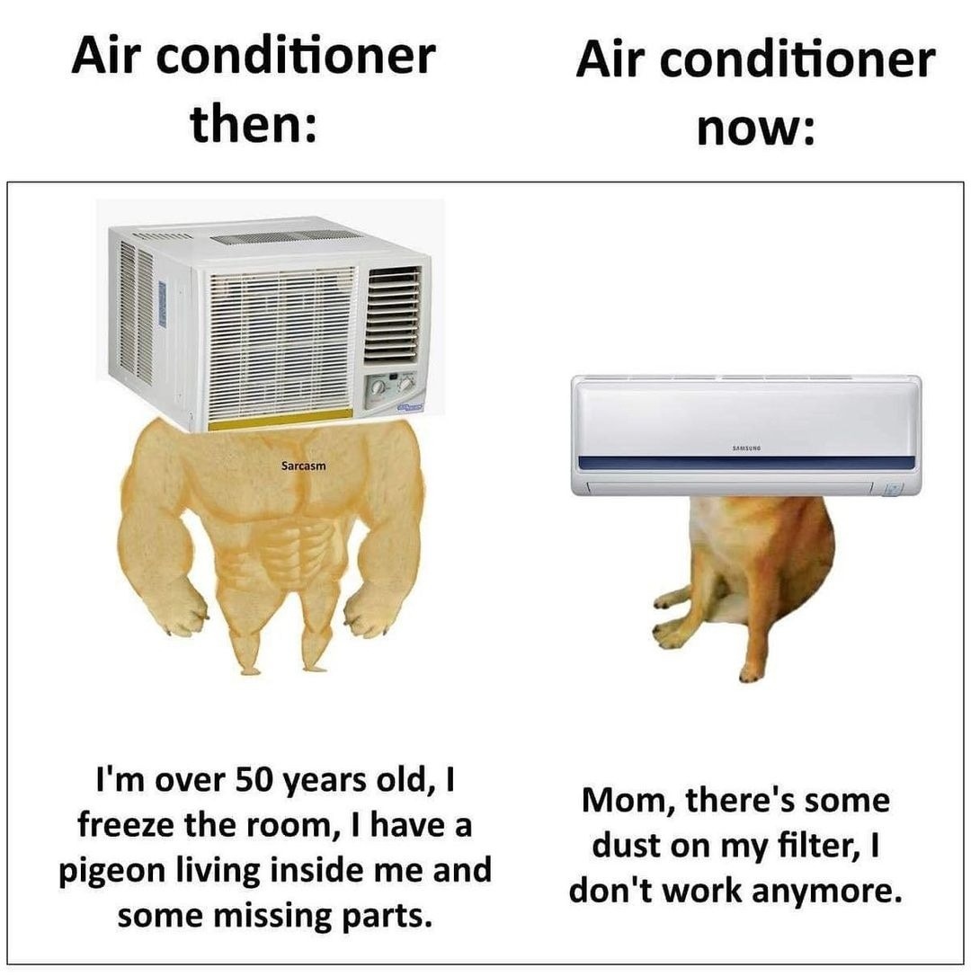 Buff Doge vs Cheems meme old vs new air conditioner toughness