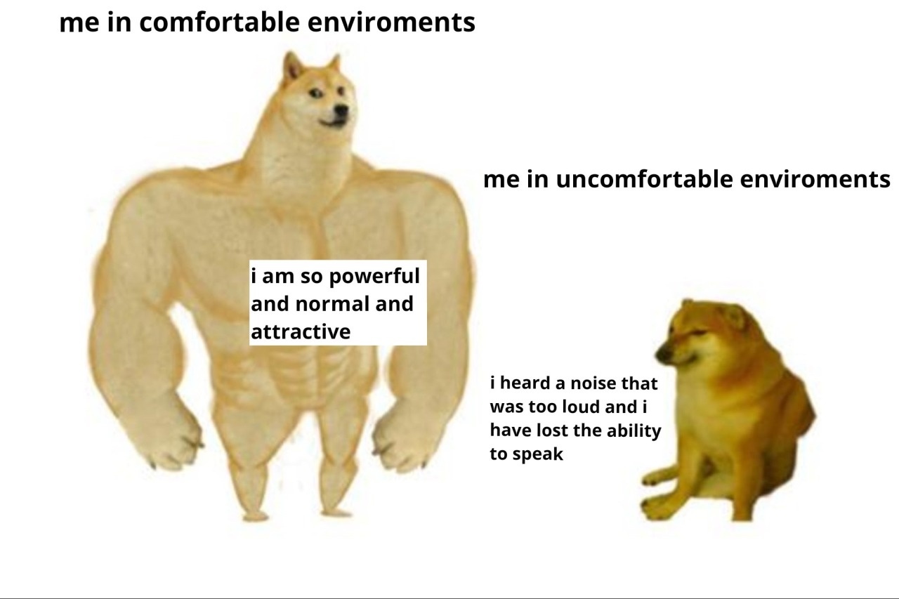 Buff doge vs cheems meme about comfort vs awkward environments
