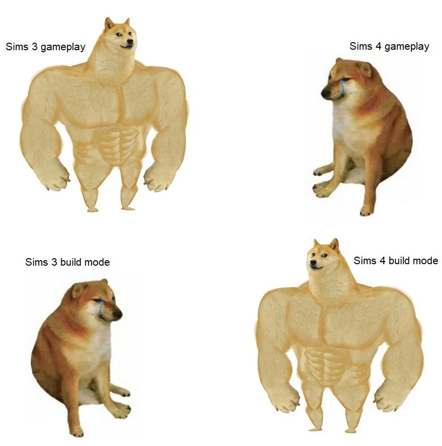Buff doge vs cheems meme comparing sims 3 vs sims 4 gameplay and build mode