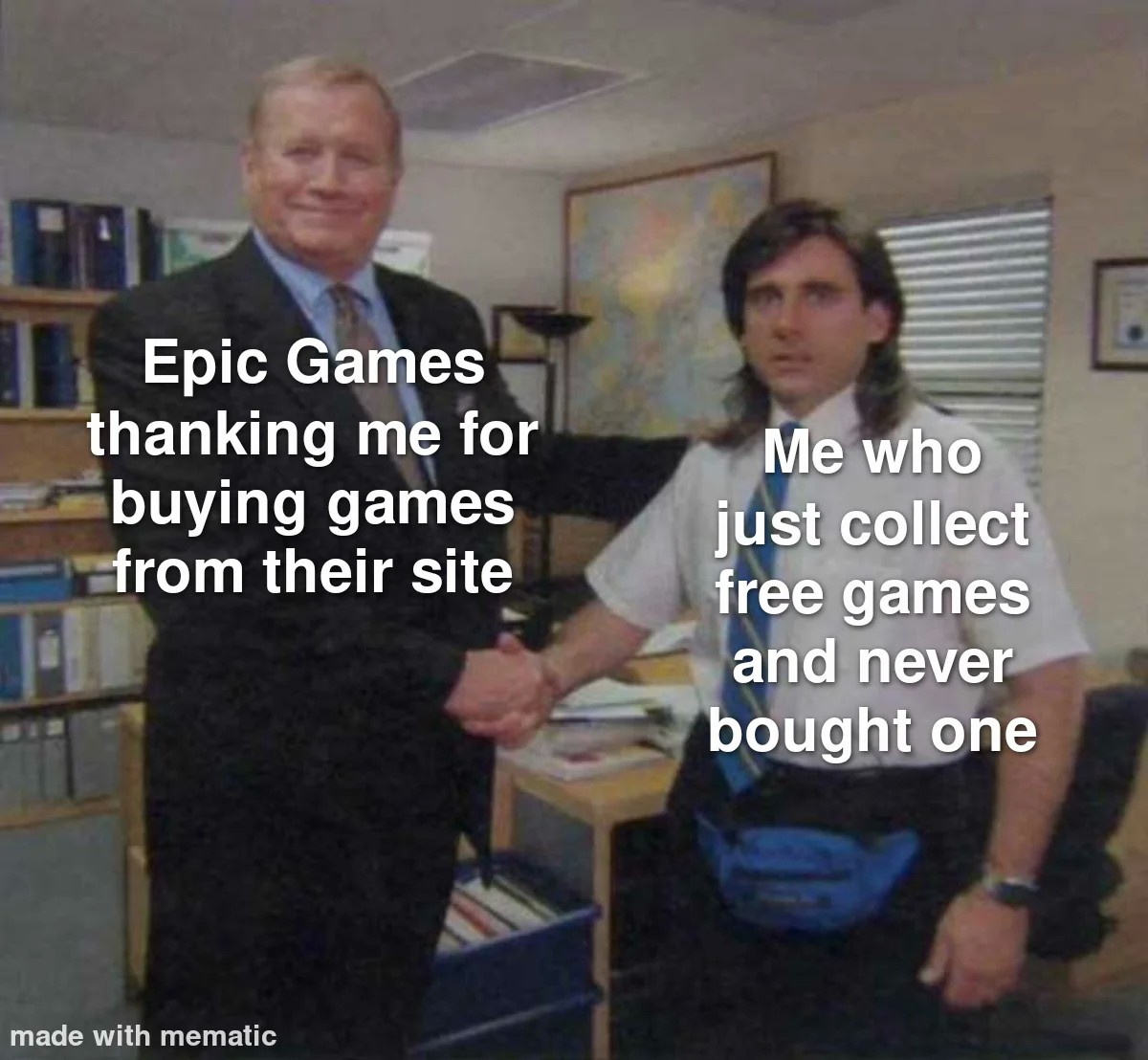 Awkward handshake meme showing epic games thanking a free game collector