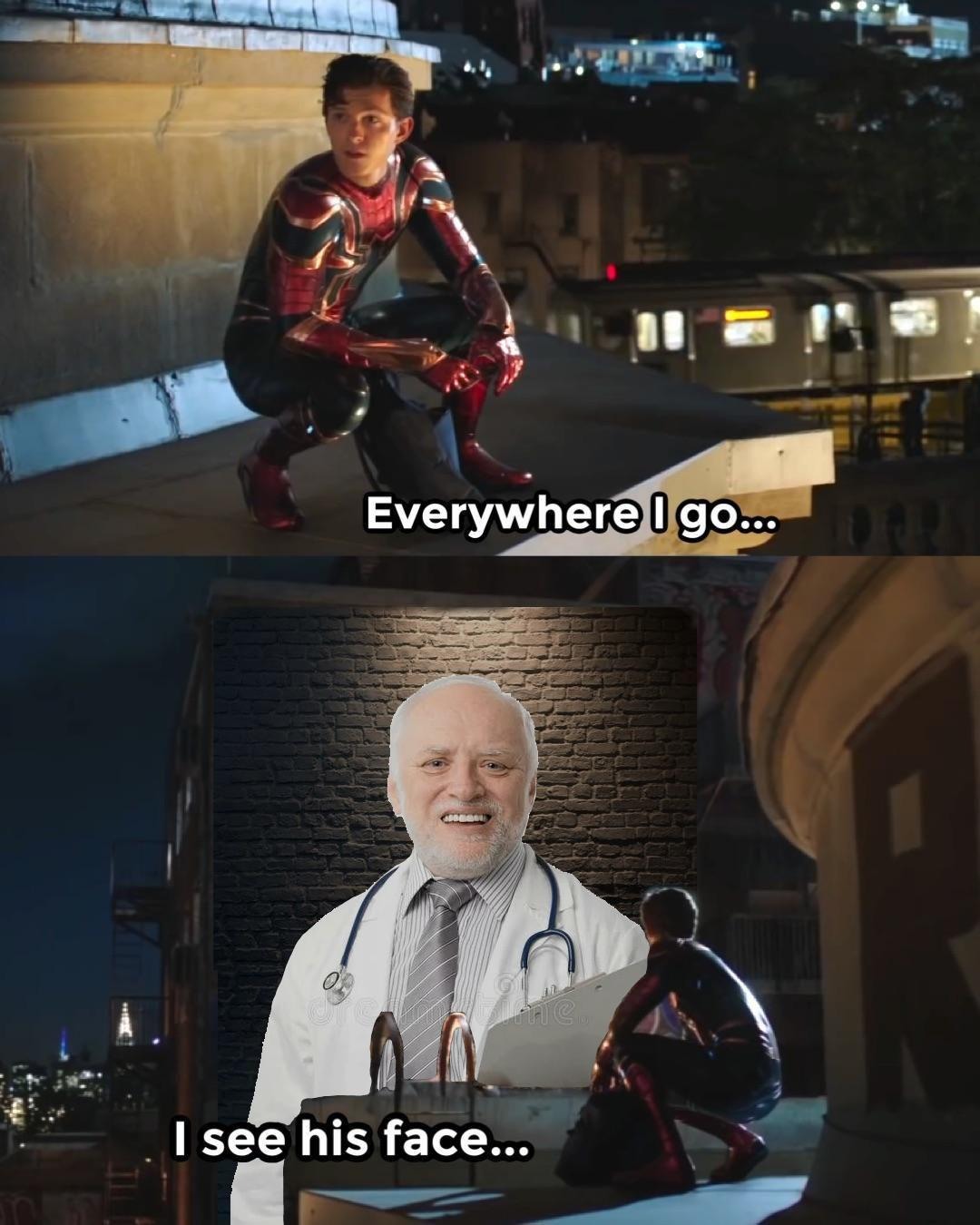 Spider-Man Meme: Everywhere I Go I See The Hide The Pain Harold Doctor