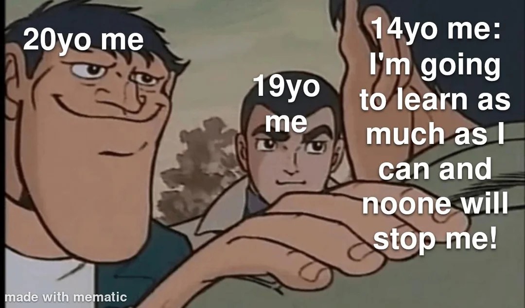 Hand on shoulder meme about growing up and losing motivation