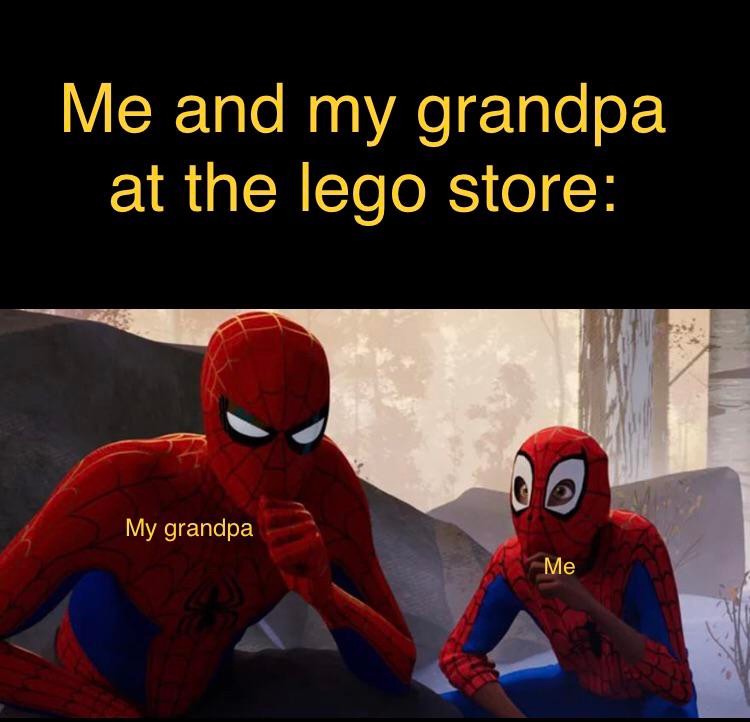 Learning From Spiderman Meme Showing Grandparent-Grandchild Lego Trip