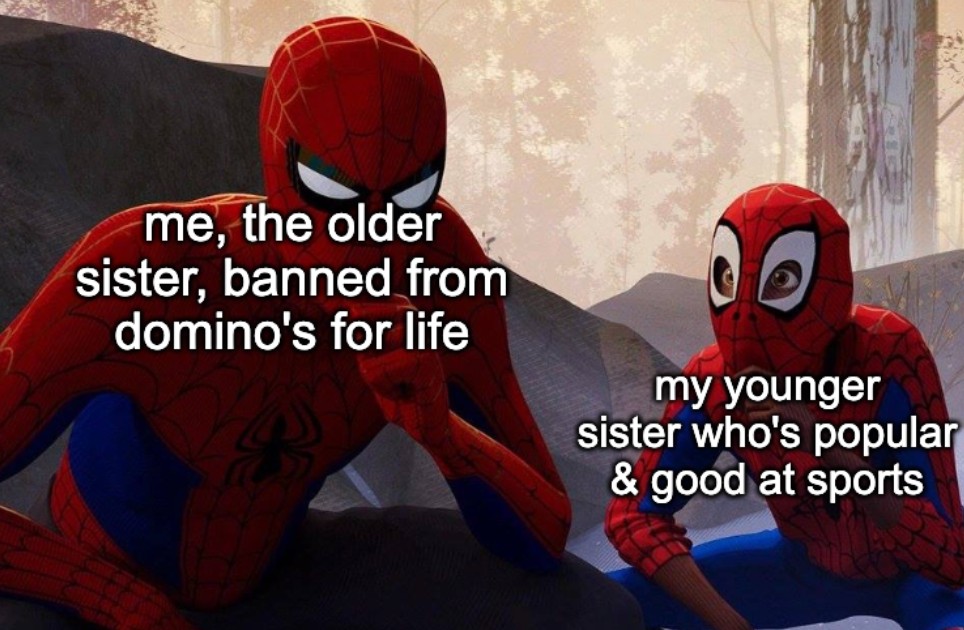 Two Spider-Men Meme Showing Sister Contrast With Domino's Ban