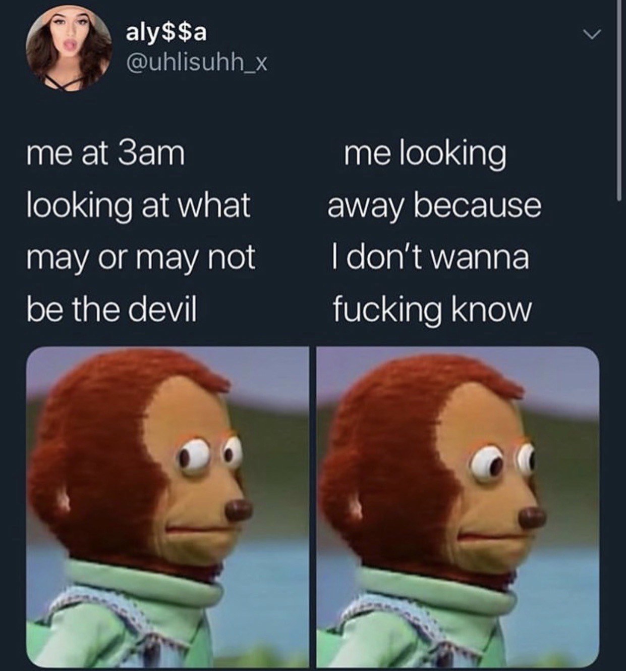 Monkey Puppet: Funny late night meme of ignoring what might be the devil