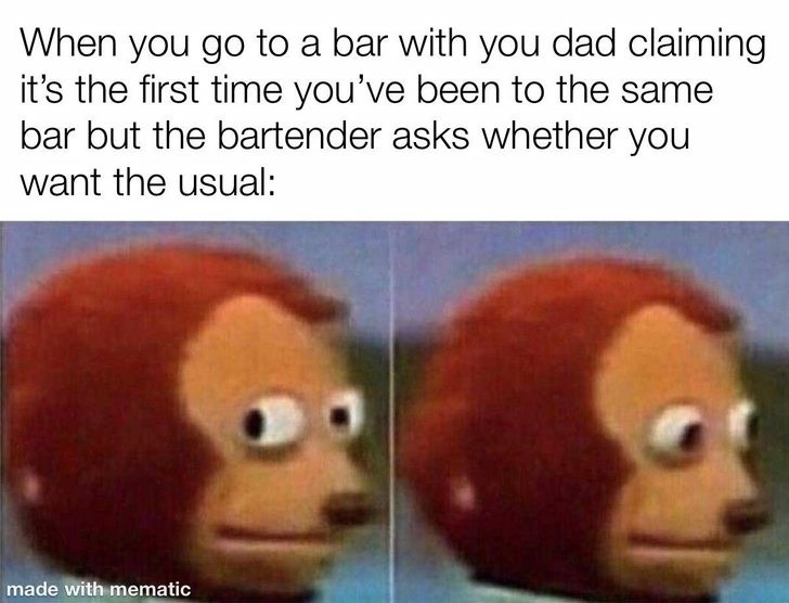 Monkey Puppet: Monkey looking confused at bartender asking about usual drink