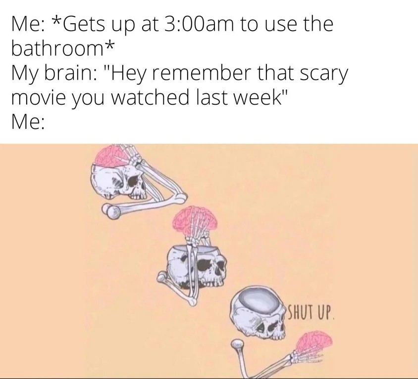 Shut Up Brain: 3am bathroom meme brain reminds scary movie Shut Up Brain: 3am bathroom meme brain reminds scary movie