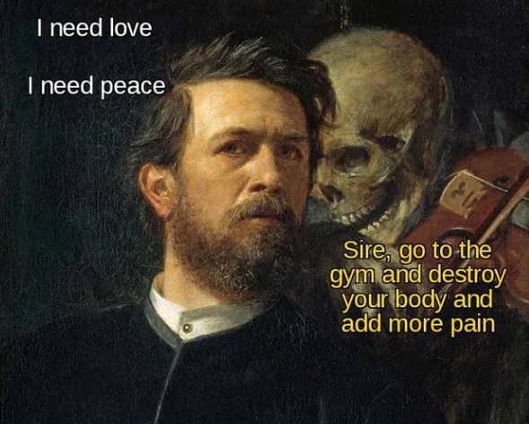 Skeleton Whispering In Man's Ear: Funny gym advice painting meme