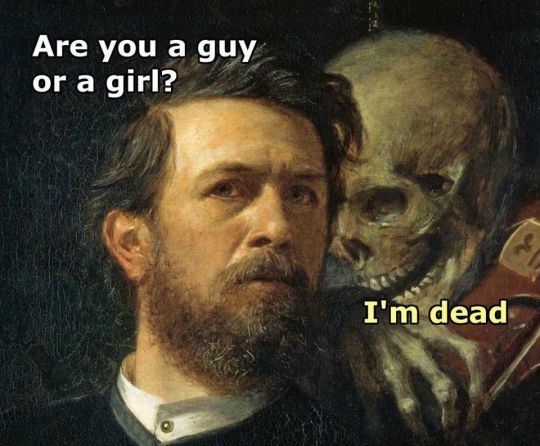 Skeleton Whispering In Man's Ear: dead gender question meme