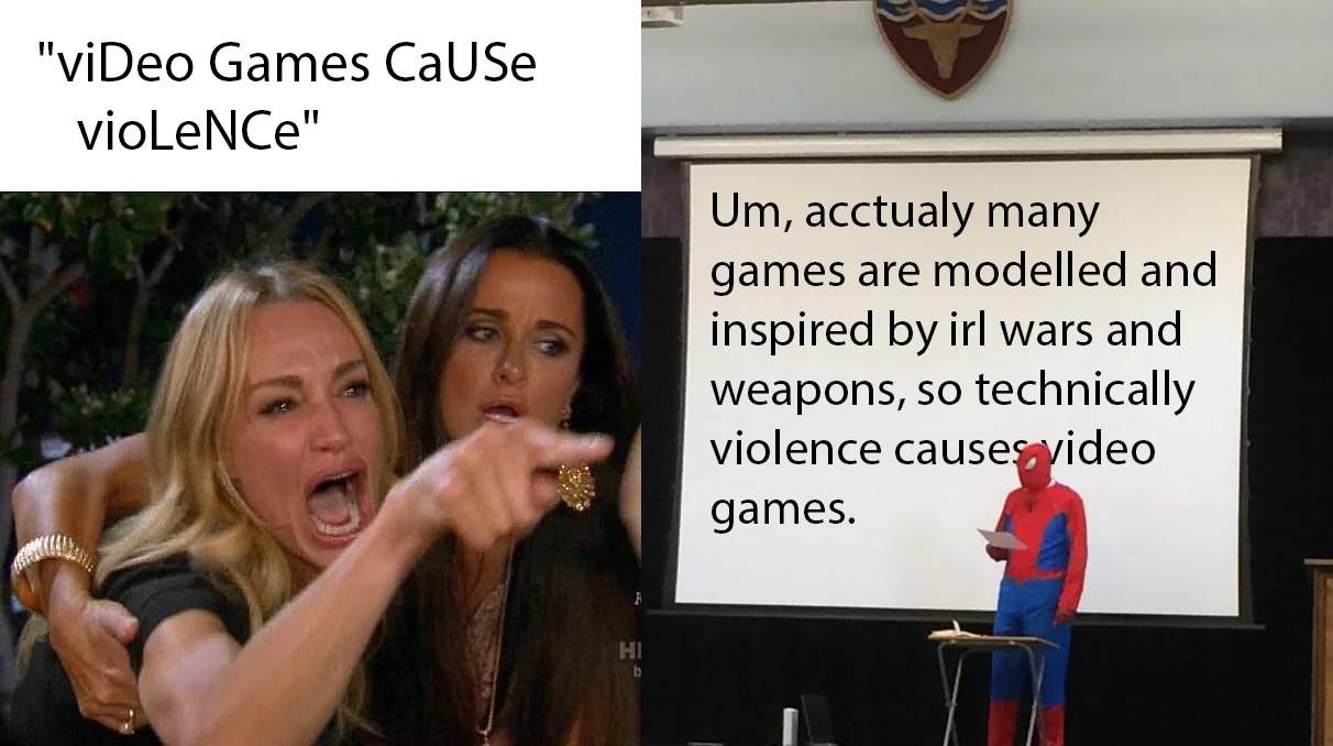Spider-Man presentation meme about real wars inspiring games