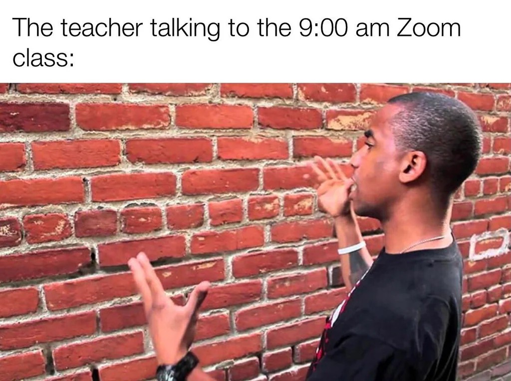 Talking To A Brick Wall: Teacher talking to dead Zoom students meme