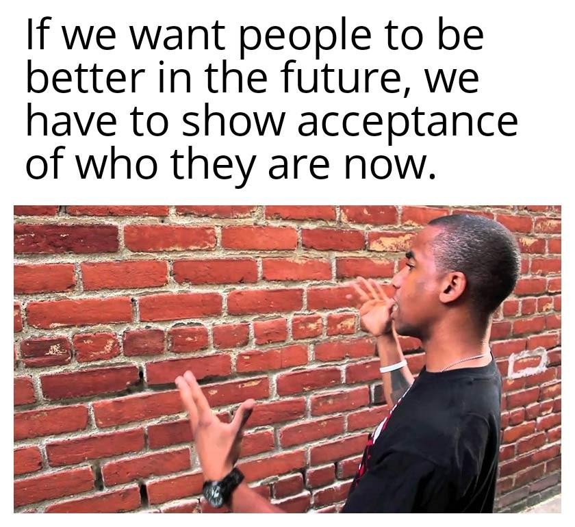 Talking to a brick wall: Motivational meme about acceptance for future change