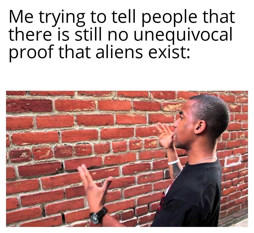 Talking to a brick wall: Frustrated explaining no alien evidence meme