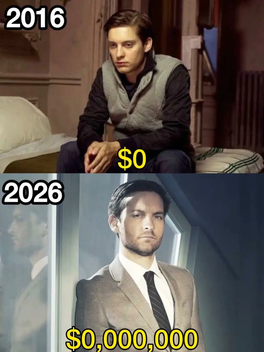 Tobey Maguire 2016 vs 2026 Net Worth Meme