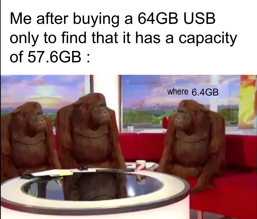 Where Banana: 64GB Usb Only Has 57.6Gb Where Is The 6.4Gb Meme Where Banana: 64GB Usb Only Has 57.6Gb Where Is The 6.4Gb Meme