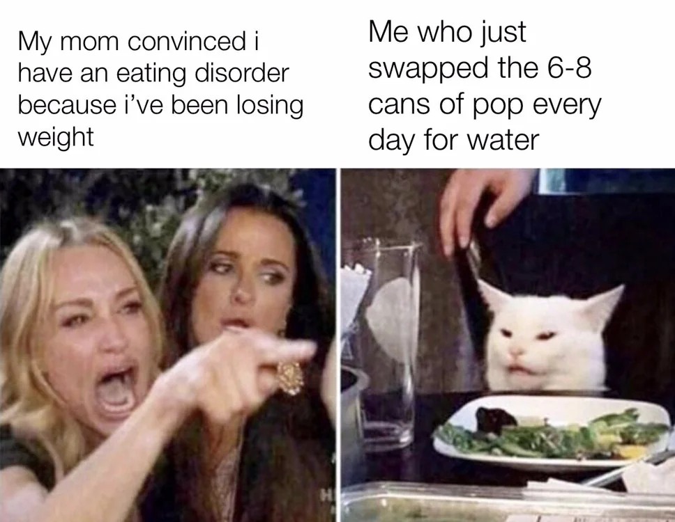 Woman yelling at a cat meme about mom misunderstanding weight loss