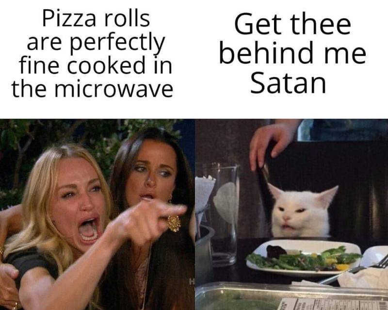 Woman yelling at a cat meme about defending microwave pizza rolls
