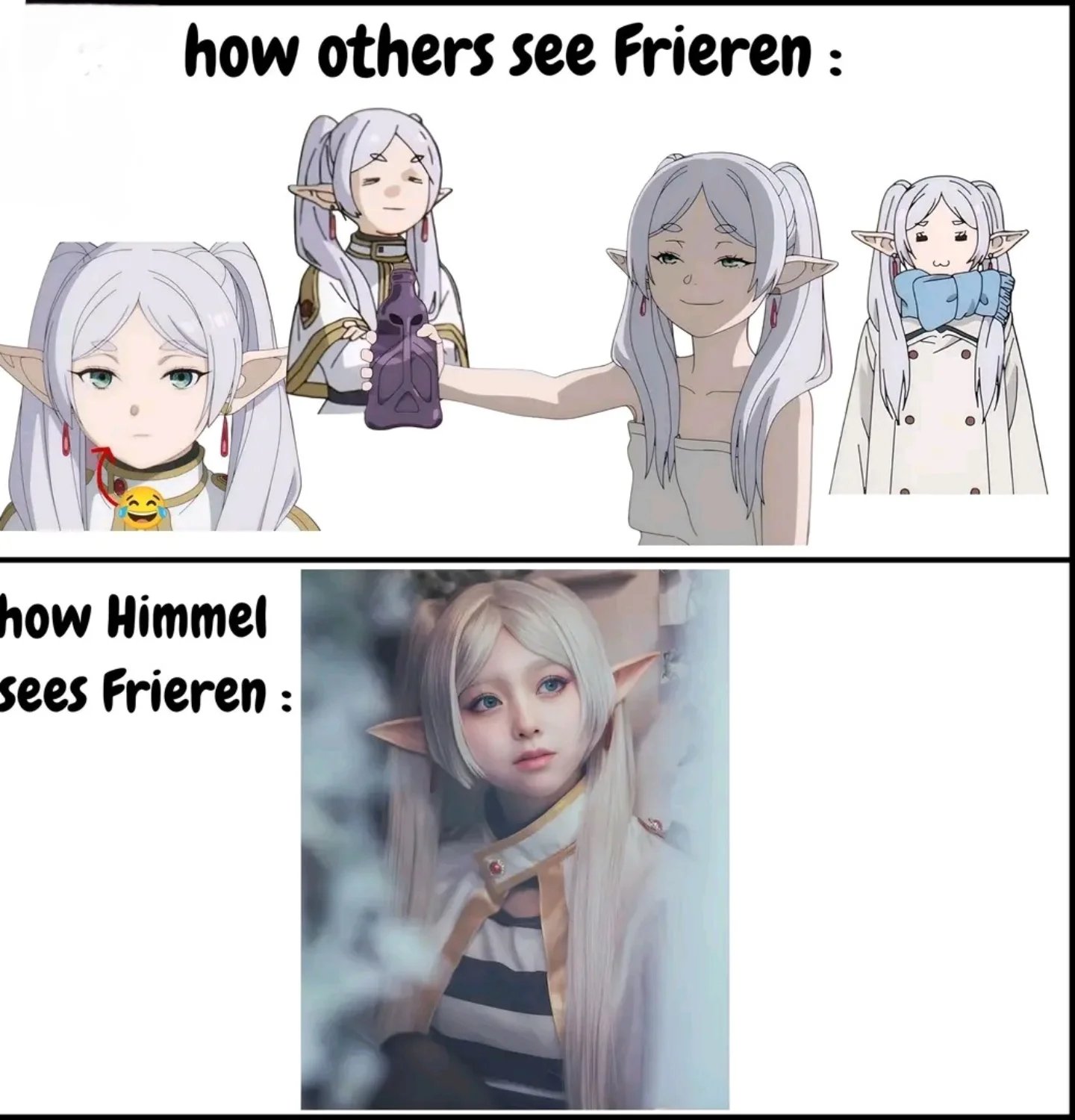 Frieren meme how Himmel sees her as a goddess
