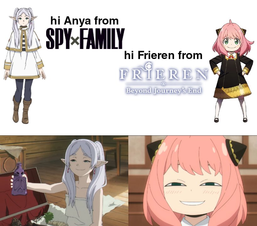 Frieren meme greeting Anya with smug anime energy