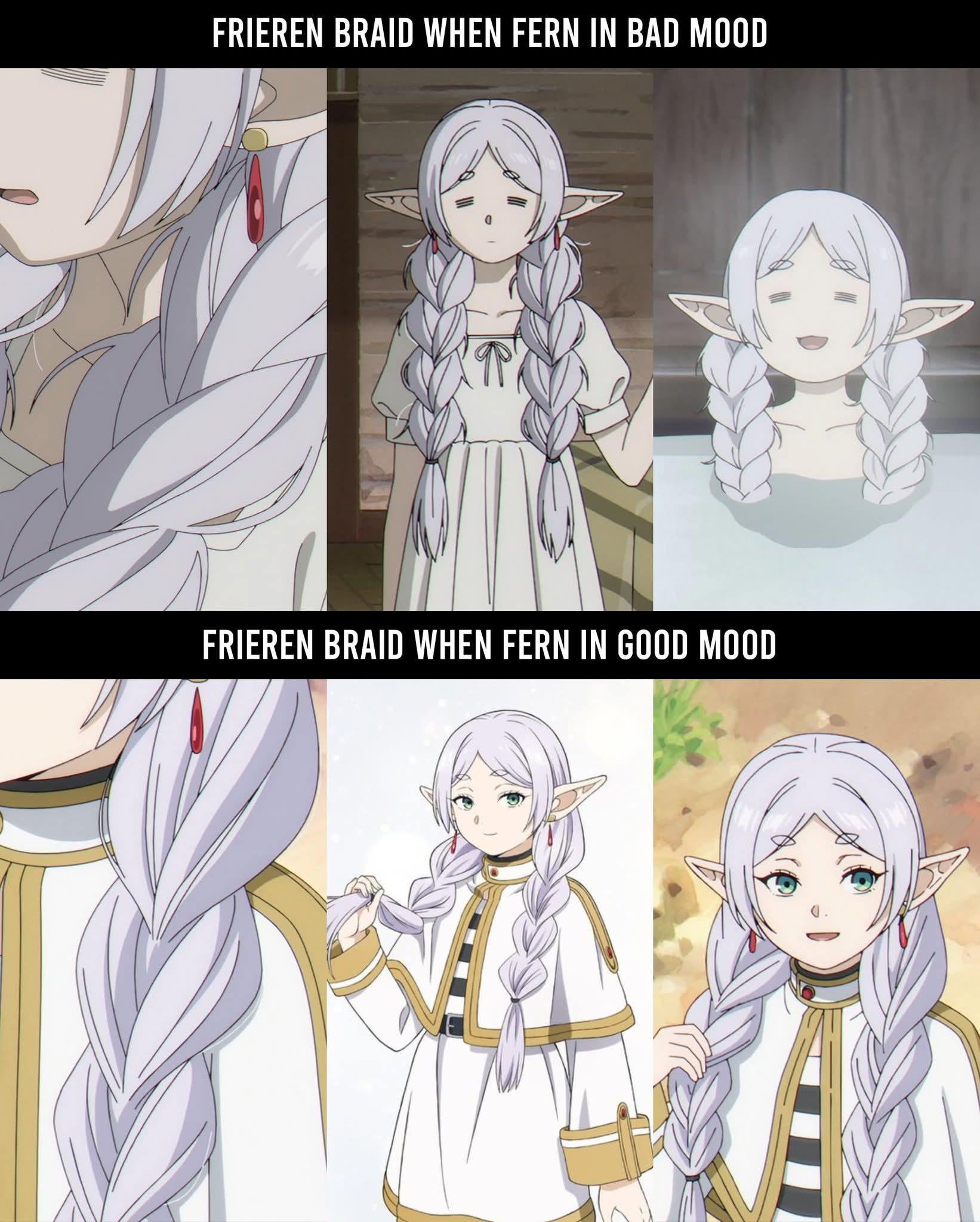 Frieren meme braid when Fern in bad mood vs good mood