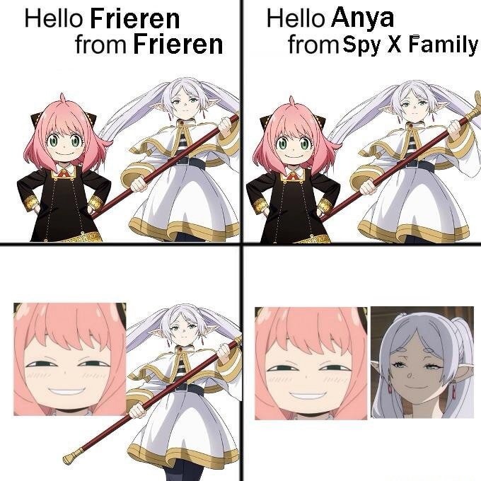 Frieren meme saying hello to Anya with smug reaction