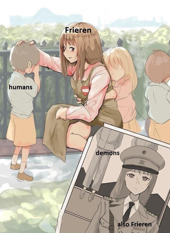 Frieren meme comforting humans while demons get ignored