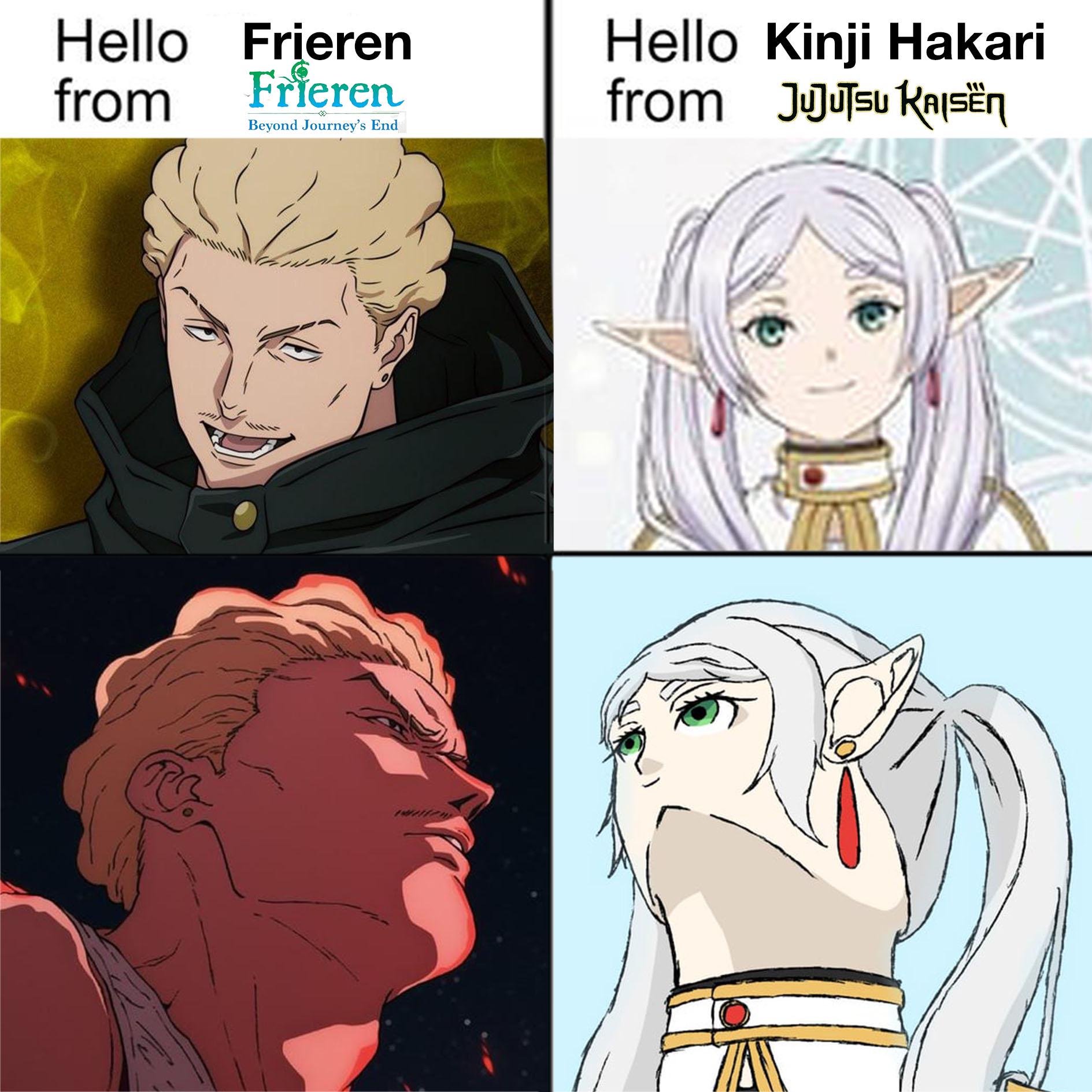 Frieren meme doing the Hakari chin-up stare face-off