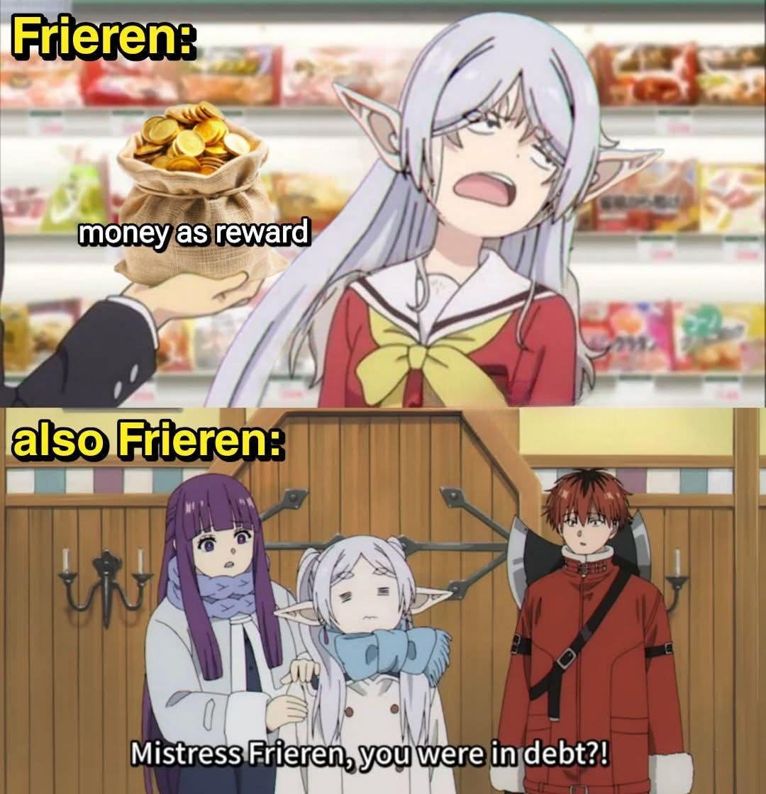 Frieren meme rejects money but ends up in debt