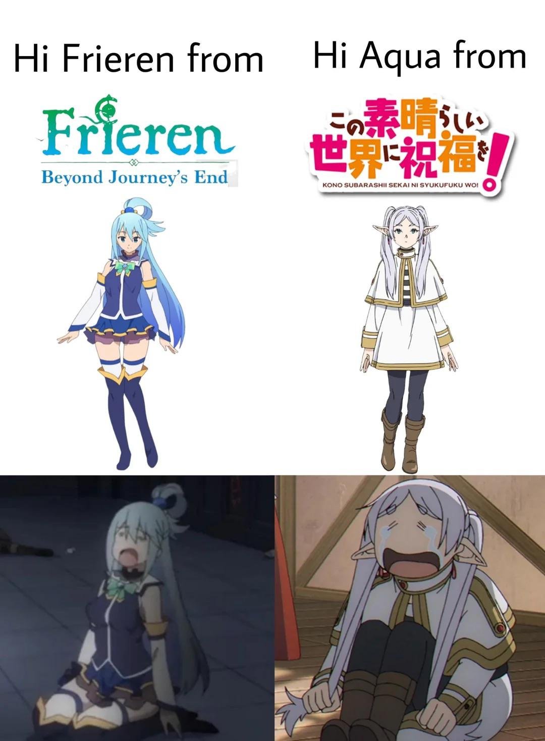 Frieren meme meets Aqua cry face anime comparison